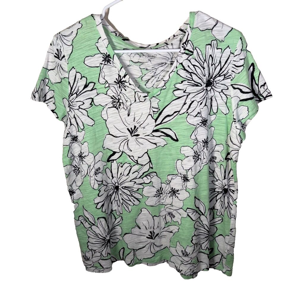 Dept 222 T-Shirt Women's 2XL V-Neck Short Sleeve Floral Top Casual Green